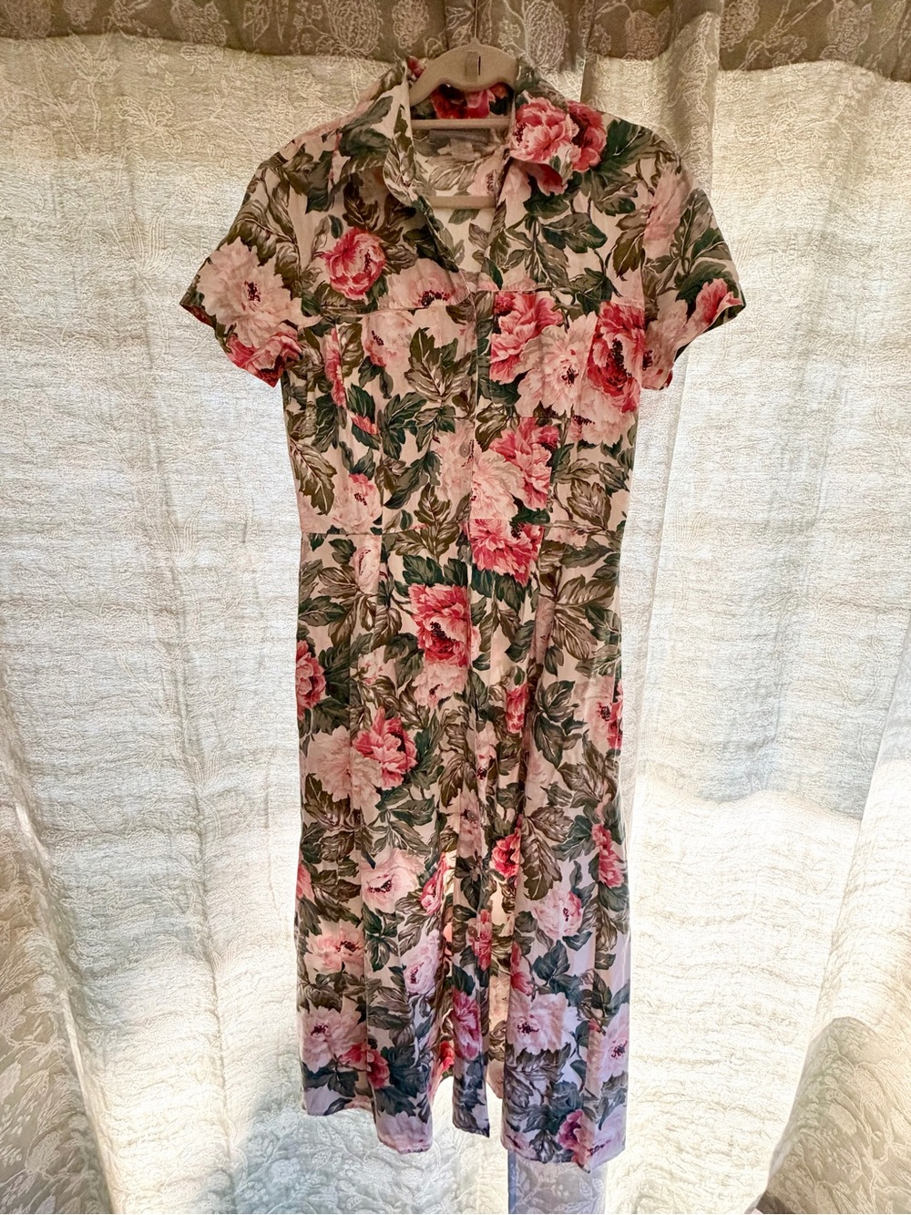 Vintage Carol Anderson Pink Floral Collared Midi Dress with Green Foliage